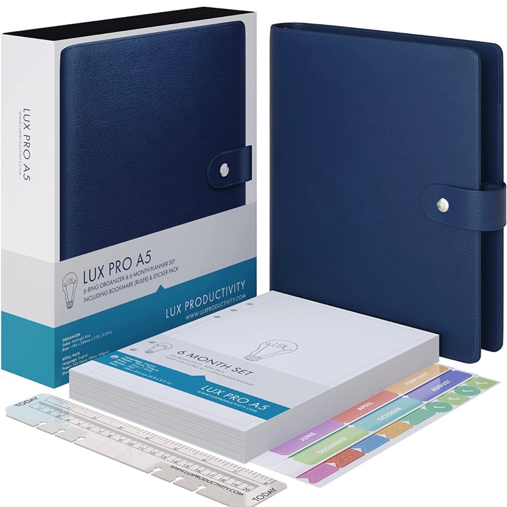 Lux Pro A5 Navy Blue Planner with starter kit inserts and free Filo Fax dividers